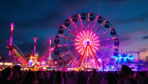 A photograph of a vibrant carnival scene at dusk