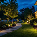 A photograph of a beautifully illuminated outdoor landscape at dusk