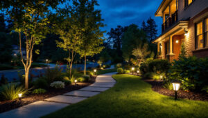A photograph of a beautifully illuminated outdoor landscape at dusk