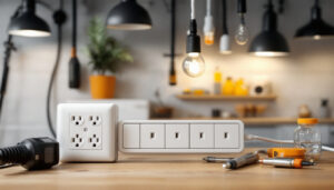 A photograph of a well-organized electrical outlet with four plugs in use