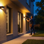 A photograph of a well-lit exterior space featuring a motion sensor led light in action