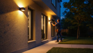 A photograph of a well-lit exterior space featuring a motion sensor led light in action