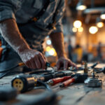 A photograph of a lighting contractor working on a job site