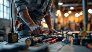 A photograph of a lighting contractor working on a job site