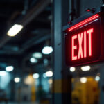 A photograph of a well-lit led exit sign in a commercial or industrial setting