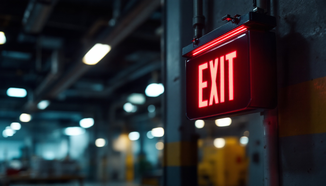 A photograph of a well-lit led exit sign in a commercial or industrial setting