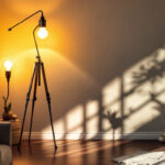 A photograph of a stylish industrial floor lamp in a modern interior setting