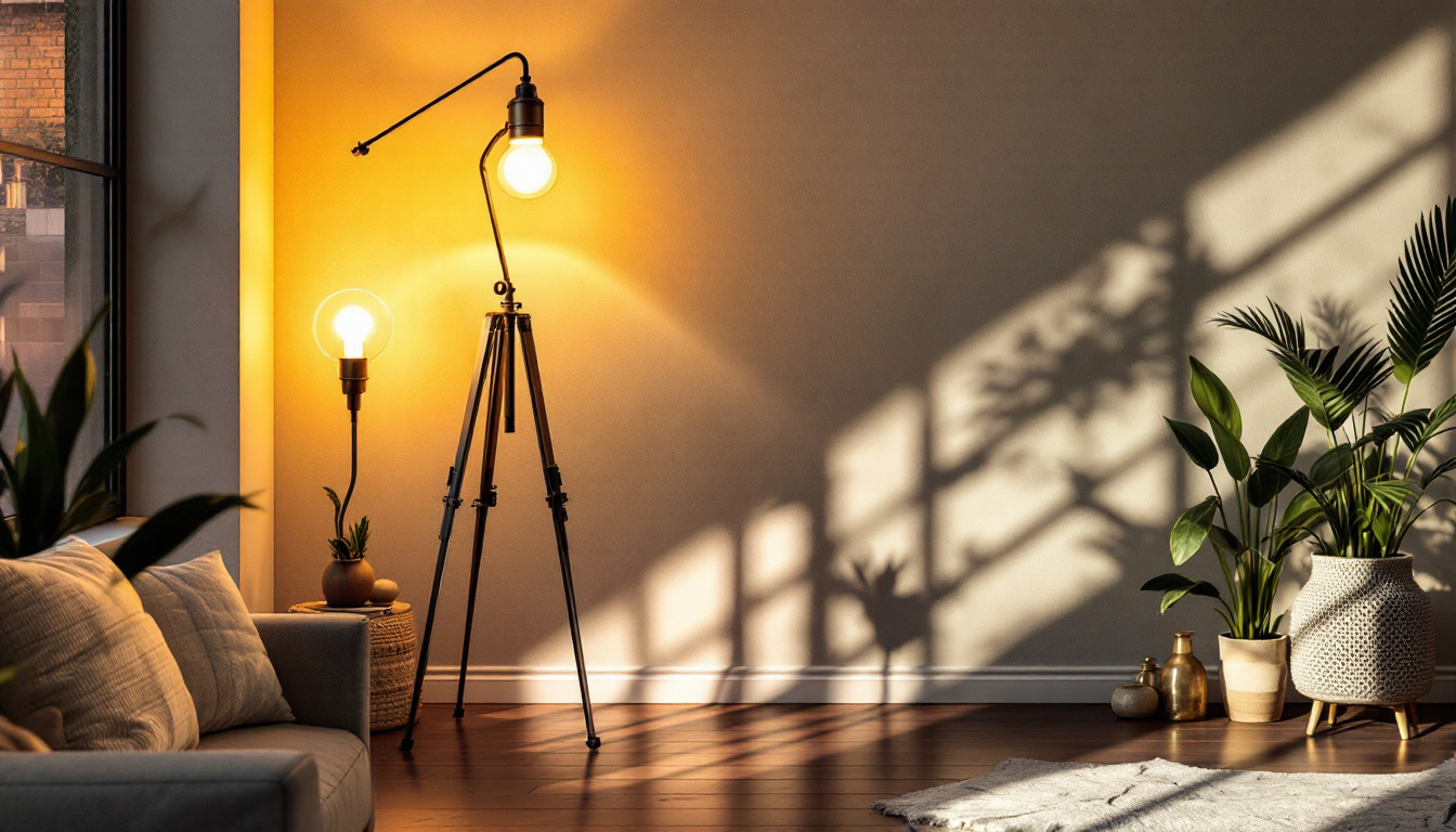 A photograph of a stylish industrial floor lamp in a modern interior setting