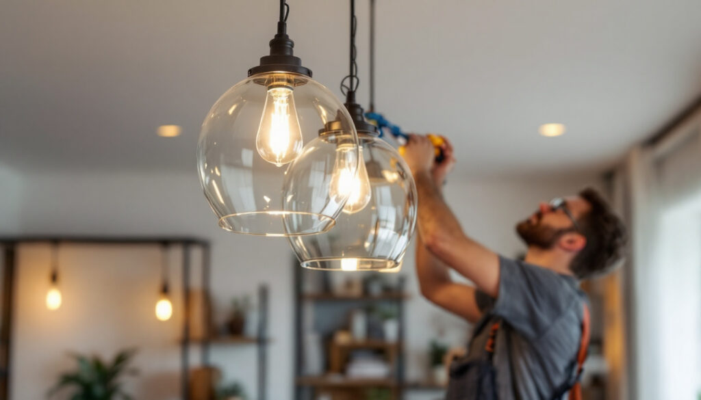 A photograph of a beautifully styled pendant chandelier hanging in a well-lit