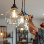 A photograph of a beautifully styled pendant chandelier hanging in a well-lit