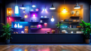 A photograph of a well-organized online led store display featuring a variety of stylish lighting fixtures and accessories