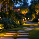 A photograph of a beautifully illuminated garden pathway at dusk