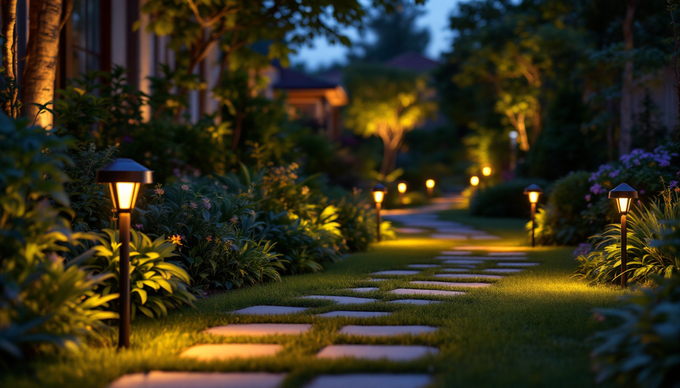 A photograph of a beautifully illuminated garden pathway at dusk
