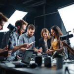 A photograph of a diverse group of team members engaged in a hands-on lighting training session