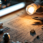 A photograph of a well-organized workspace featuring a variety of essential wiring tools