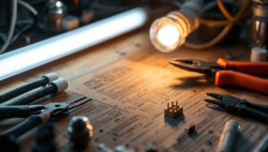 A photograph of a well-organized workspace featuring a variety of essential wiring tools