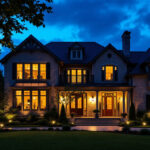 A photograph of a beautifully lit exterior of a house at dusk