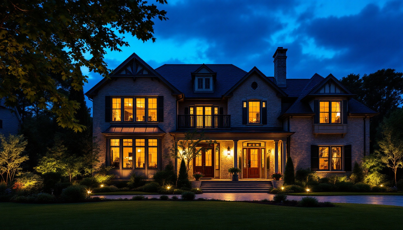 A photograph of a beautifully lit exterior of a house at dusk