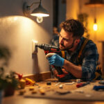 A photograph of a lighting contractor installing light socket covers in a well-lit residential setting