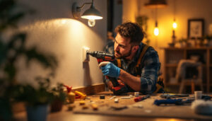 A photograph of a lighting contractor installing light socket covers in a well-lit residential setting