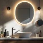 A photograph of a stylish vanity lighting fixture in a beautifully designed bathroom setting