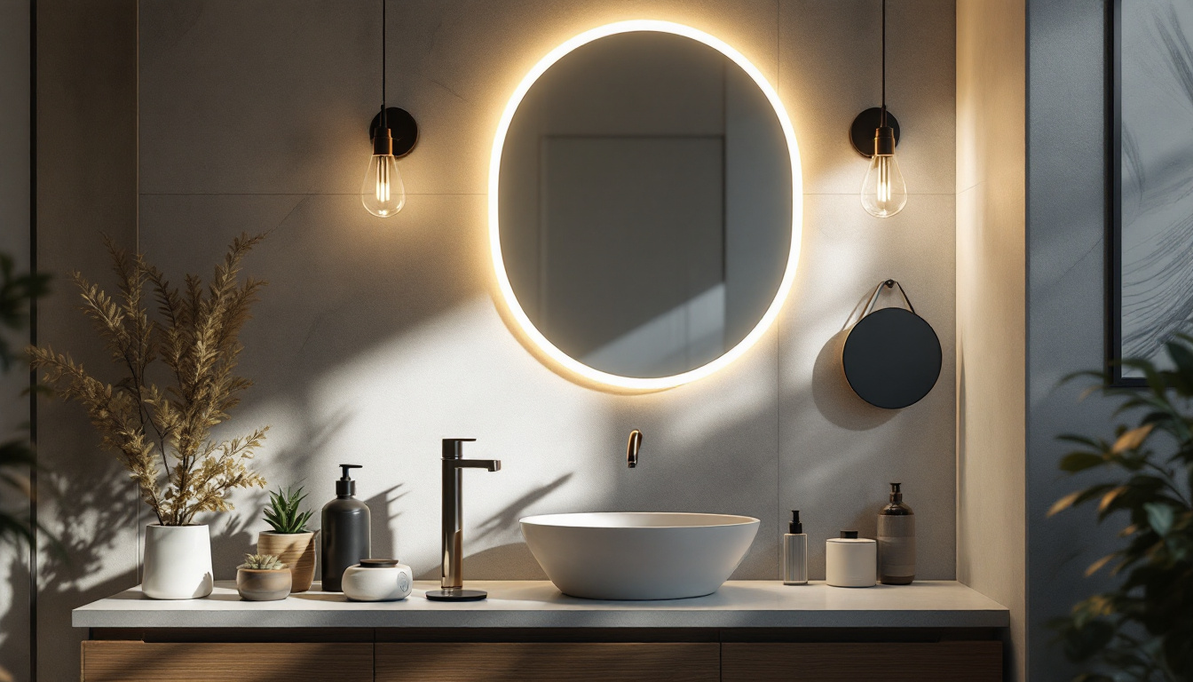 A photograph of a stylish vanity lighting fixture in a beautifully designed bathroom setting