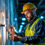 A photograph of a lighting contractor working with plug-in led fixtures on a job site
