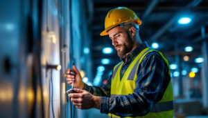 A photograph of a lighting contractor working with plug-in led fixtures on a job site