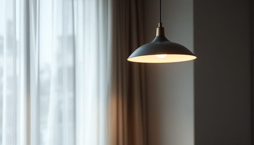 A photograph of a stylish large pendant light fixture installed in a modern living space
