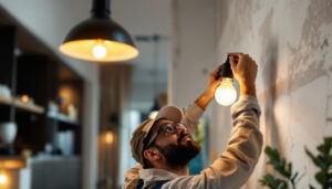 A photograph of a skilled lighting contractor expertly installing a stylish light fixture in a modern interior setting