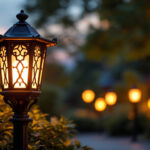 A photograph of a beautifully designed lantern post illuminating a pathway or garden at dusk