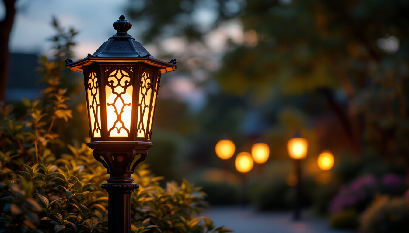 A photograph of a beautifully designed lantern post illuminating a pathway or garden at dusk