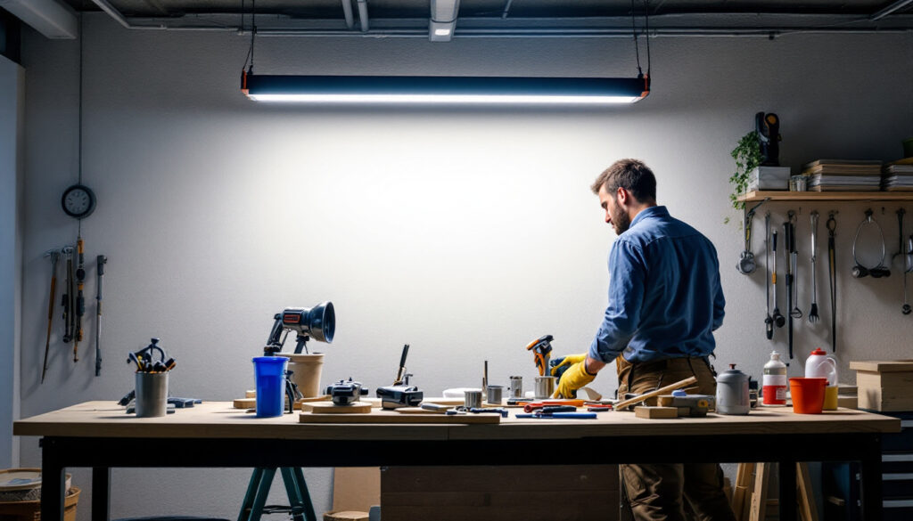 A photograph of a well-lit workspace featuring a 4 ft led shop light installed overhead