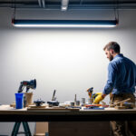 A photograph of a well-lit workspace featuring a 4 ft led shop light installed overhead