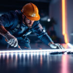A photograph of a lighting contractor efficiently installing a 100-foot led strip light in a modern space