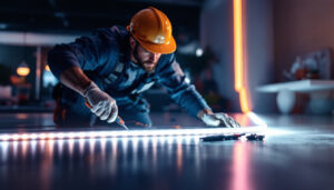 A photograph of a lighting contractor efficiently installing a 100-foot led strip light in a modern space