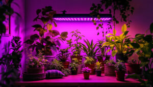 A photograph of a cozy indoor gardening setup featuring various plants illuminated by an array of stylish