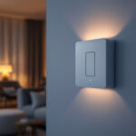 A photograph of a modern four-way smart switch installed in a stylish home setting