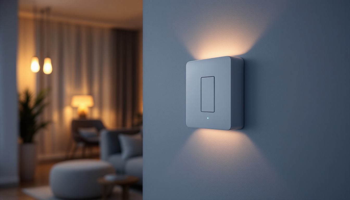 A photograph of a modern four-way smart switch installed in a stylish home setting