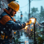 A photograph of a skilled lighting contractor expertly installing a waterproof electrical connector in a dynamic outdoor setting