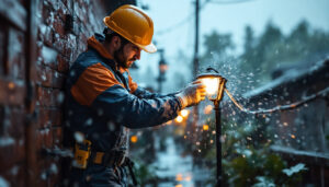 A photograph of a skilled lighting contractor expertly installing a waterproof electrical connector in a dynamic outdoor setting