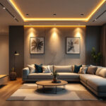 A photograph of a modern living space featuring newly installed recessed lighting