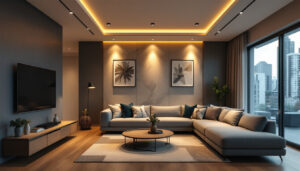 A photograph of a modern living space featuring newly installed recessed lighting