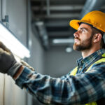 A photograph of a lighting contractor installing t5 fluorescent lamps in a commercial setting
