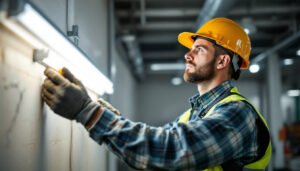 A photograph of a lighting contractor installing t5 fluorescent lamps in a commercial setting