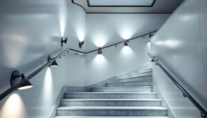 A photograph of a well-lit stairwell that showcases various lighting fixtures