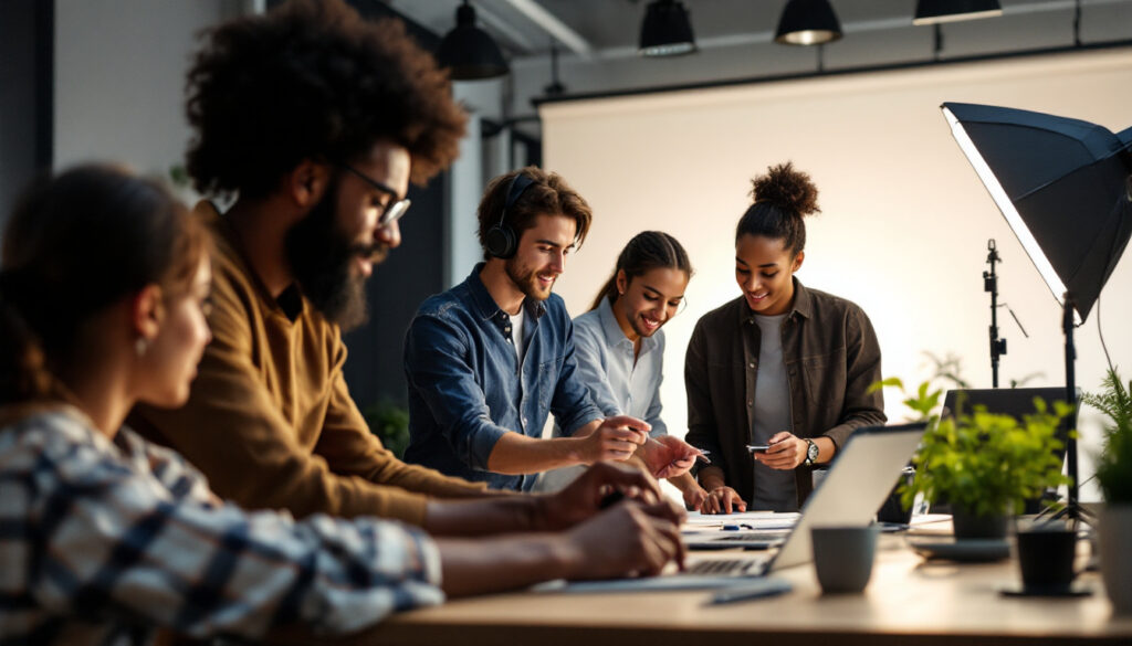 A photograph of a diverse team of professionals engaged in a hands-on training session