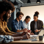 A photograph of a diverse team of professionals engaged in a hands-on training session