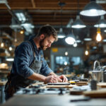 A photograph of a lighting contractor working in a well-lit workshop filled with american-made lighting fixtures