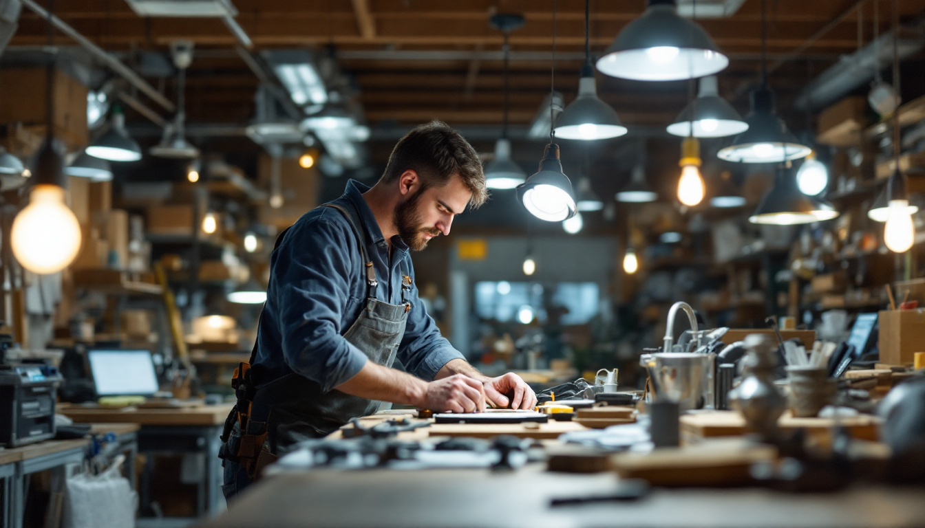 A photograph of a lighting contractor working in a well-lit workshop filled with american-made lighting fixtures